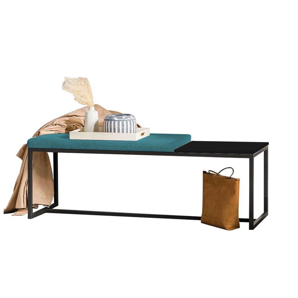 Miniatura Banco Recamier Puff 160cm Industrial Preto Suede Azul Turquesa Tampo Quadrado Mdf Preto