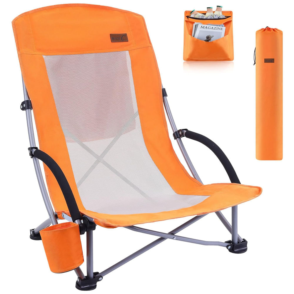 Miniatura Cadeira de Praia Portátil para Adultos, com Costas Altas e Porta-Copos, Nice C, Laranja 110v