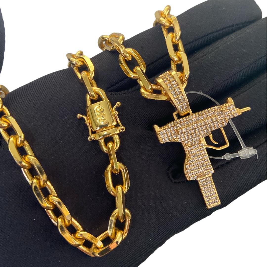 Miniatura Cordão Cadeado 8Mm + Pingente Mac-10 - Banhado A Ouro
