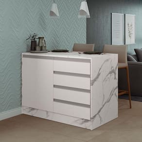 Miniatura Bancada Bartira Gourmet com 1 Porta, 4 Gavetas e 1 Prateleira - 126cm de largura Branco e Thassos