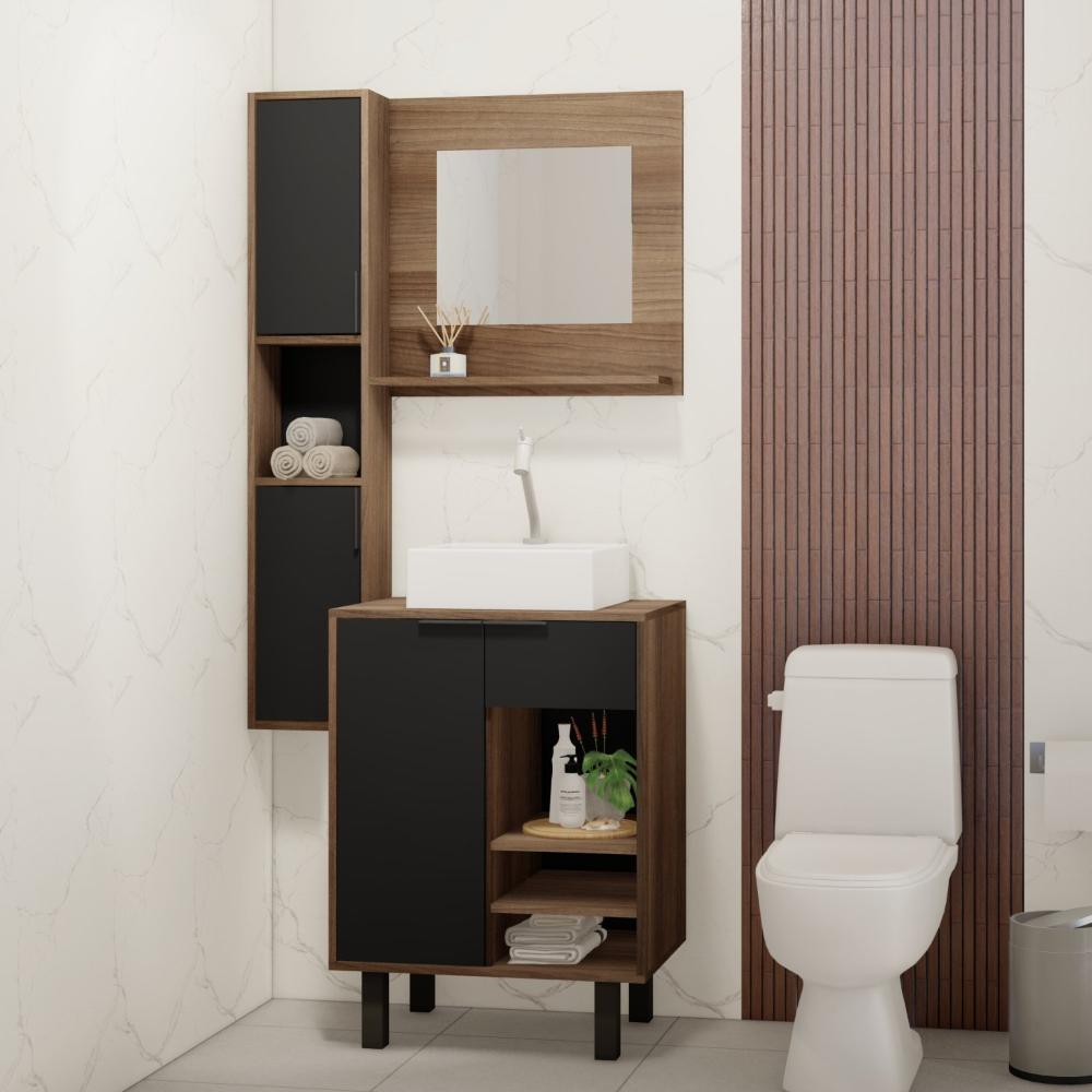 Miniatura Gabinete para Banheiro com Armário Suspenso e Espelheira Kira Estilare Preto/Amadeirado