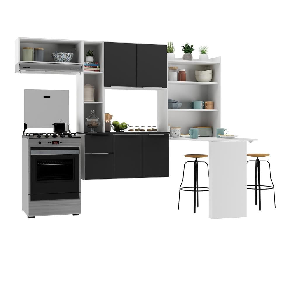 Miniatura Armário de Cozinha Compacta com Mesa Dobrável Sofia Multimóveis V2009 Branco/Preto
