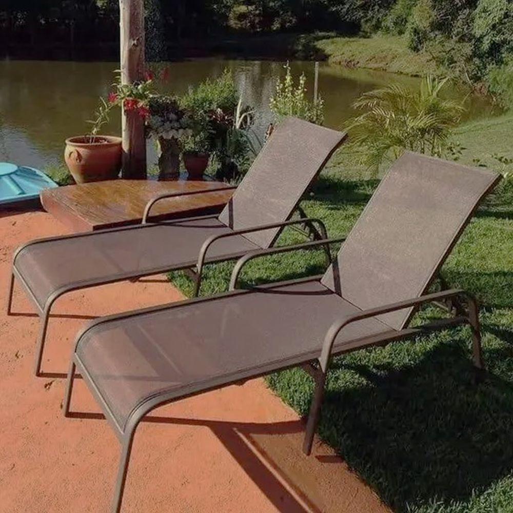 Miniatura Cadeira Espreguiçadeira Piscina Jardim Em Alumínio E Tela Sling Marrom