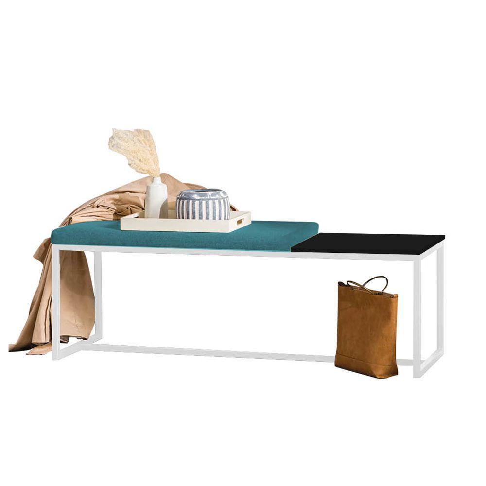 Miniatura Banco Recamier Puff 195cm Industrial Branco Suede Azul Turquesa Tampo Quadrado Mdf Preto