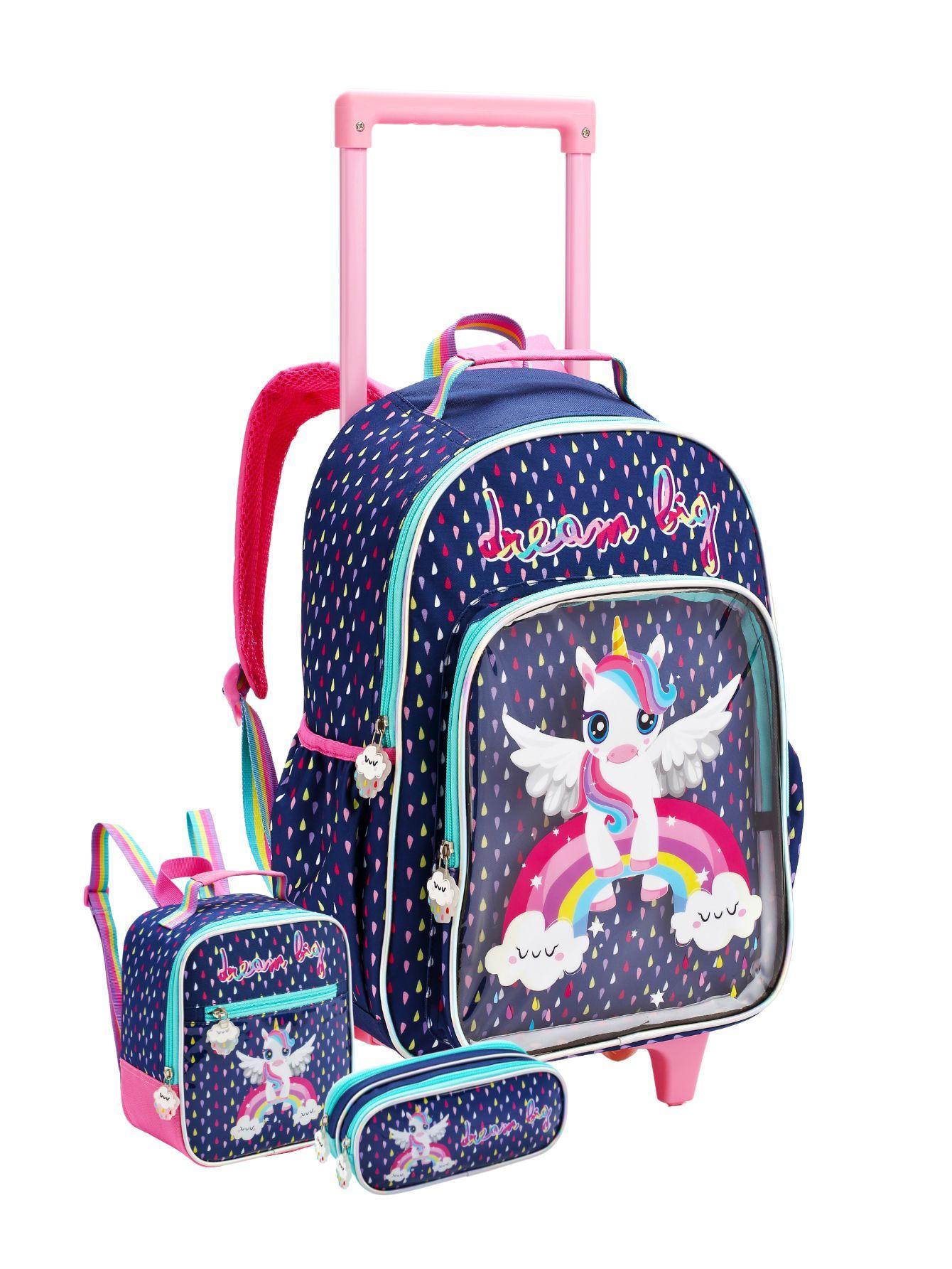 Miniatura Kit Escolar Mochila Rodas+Lancheira+Estojo Unicórnio - Azul