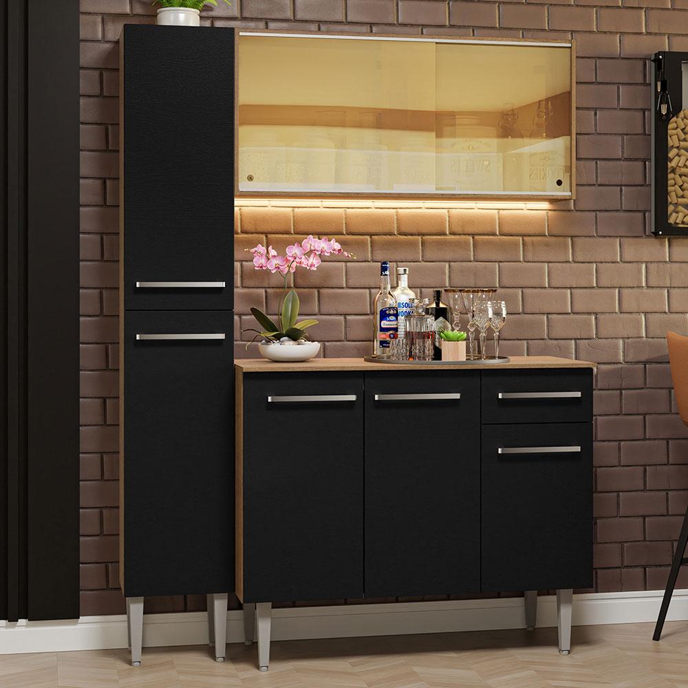 Miniatura Armário de Cozinha Compacta 137cm Rustic/Preto Emilly Madesa 06 Rustic/Preto