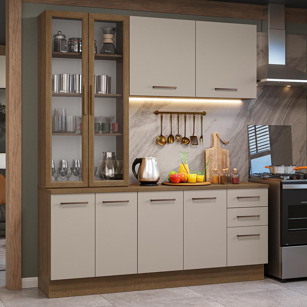 Miniatura Armário de Cozinha Compacta 190cm com Cristaleira Rustic/Crema Agata Madesa 01 Rustic/Crema