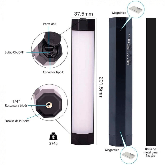 Bastão LED RGB Luxceo P200 Luz Handheld (3000–6000K) Controle Remoto e Impermeável