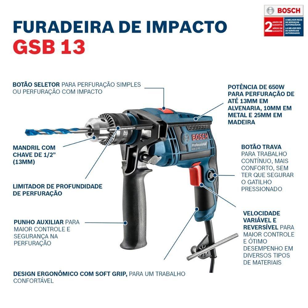 Miniatura Furadeira De Impacto 650W Bosch Gsb13Re Gsb 13 + Acess Prof