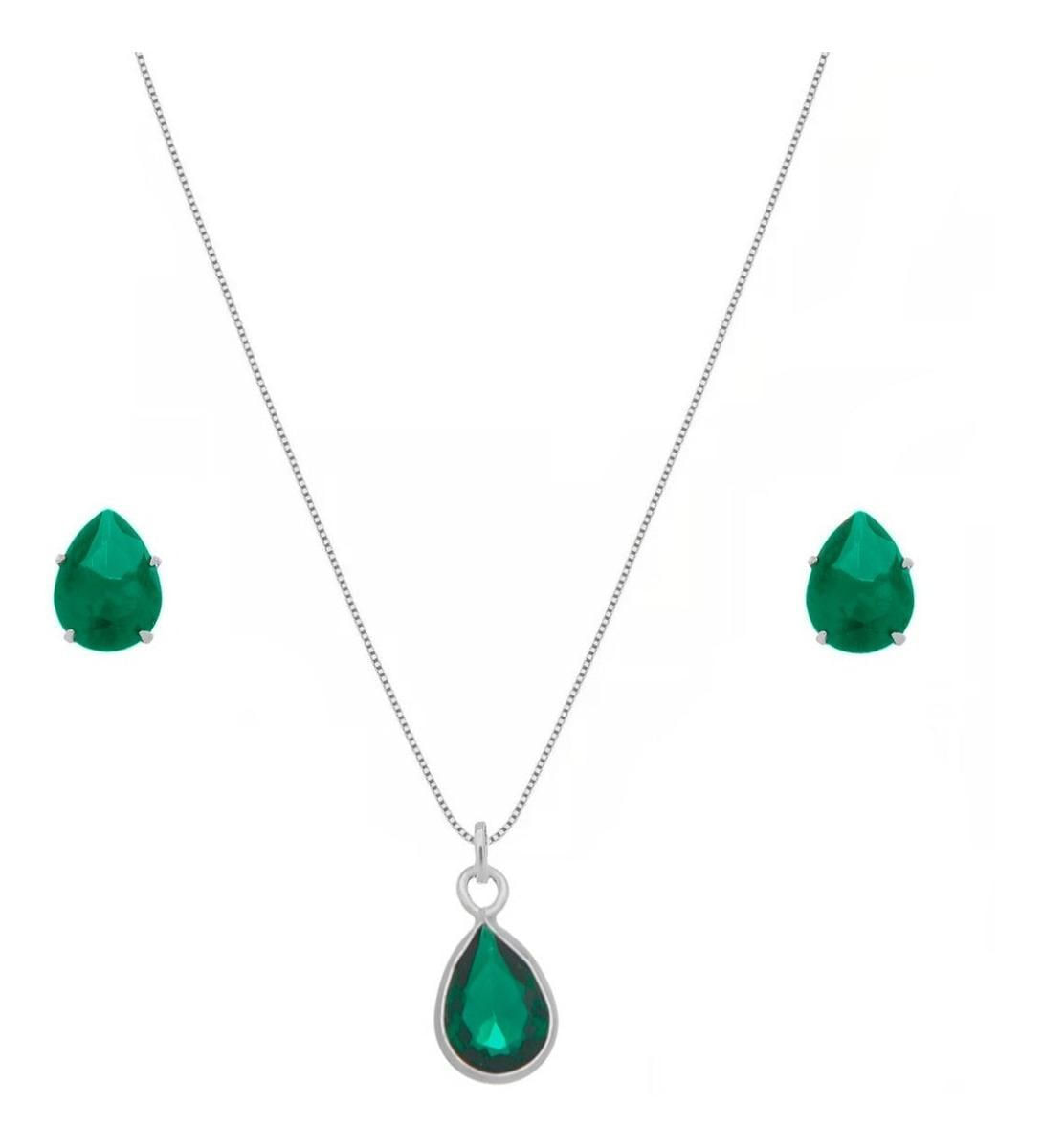 Conjunto Colar Brinco Prata 925 Legítima Pedra Azul, Verde