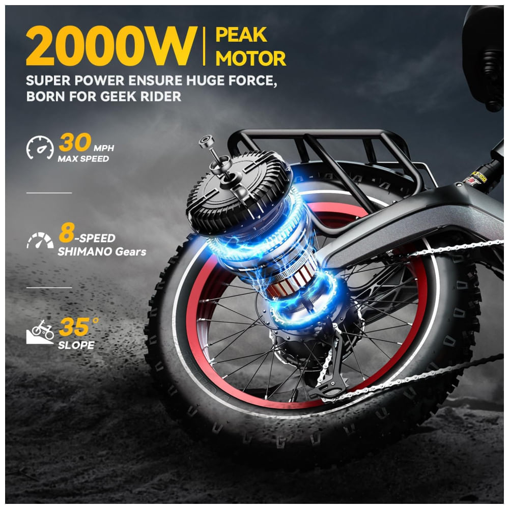 Bicicleta Elétrica Dobrável Cybervelo 1000W de Pico 2000W para Adultos, 35MPH 160KM, Bateria Removível 48V 25Ah, Pneu Gordo 20" x 4.0, E-Bike de Monta