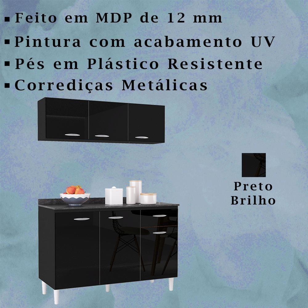 Armario Aereo 3 Portas E Balcao 120 Cm Preto Poqq Preto