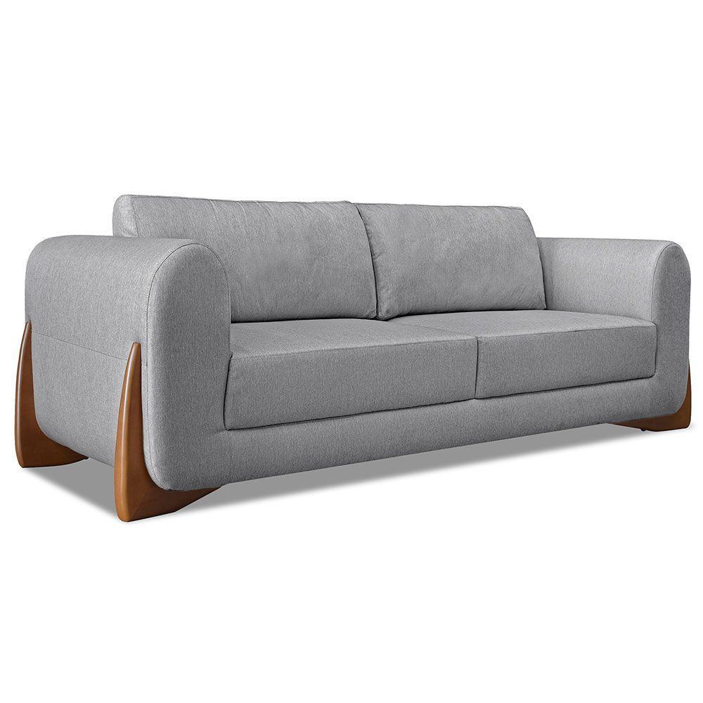 Kit 2 Poltronas E Sofá 2 Lugares Linho Grafite Pés Castanho