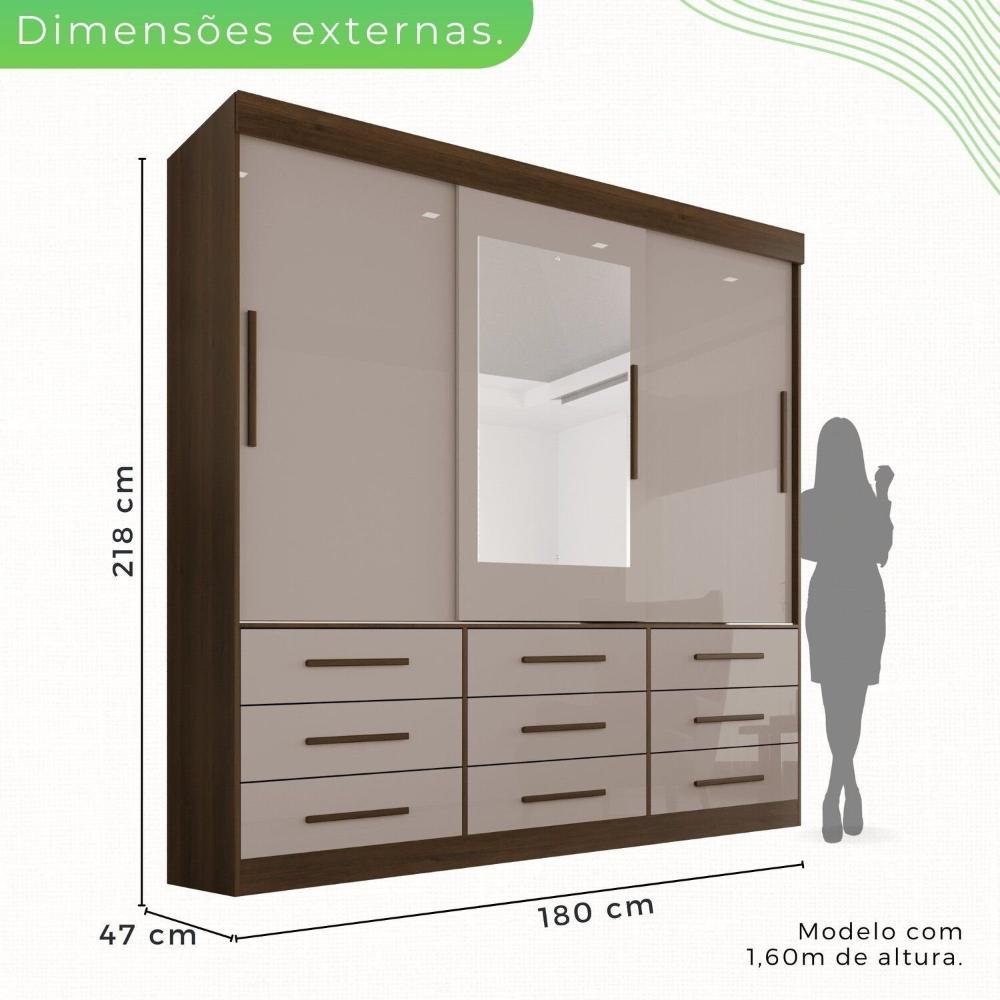 Miniatura Guarda Roupa Casal 3 Portas 9 Gavetas com Espelho Luana Savana/Off