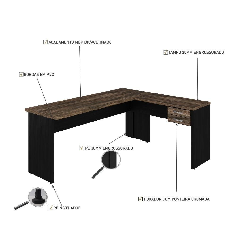 Miniatura Mesa Para Escritório Em L 1,80x1,60m Tampo E Pés 30mm Com Gaveta Carvalho Dark Compreto Ônix