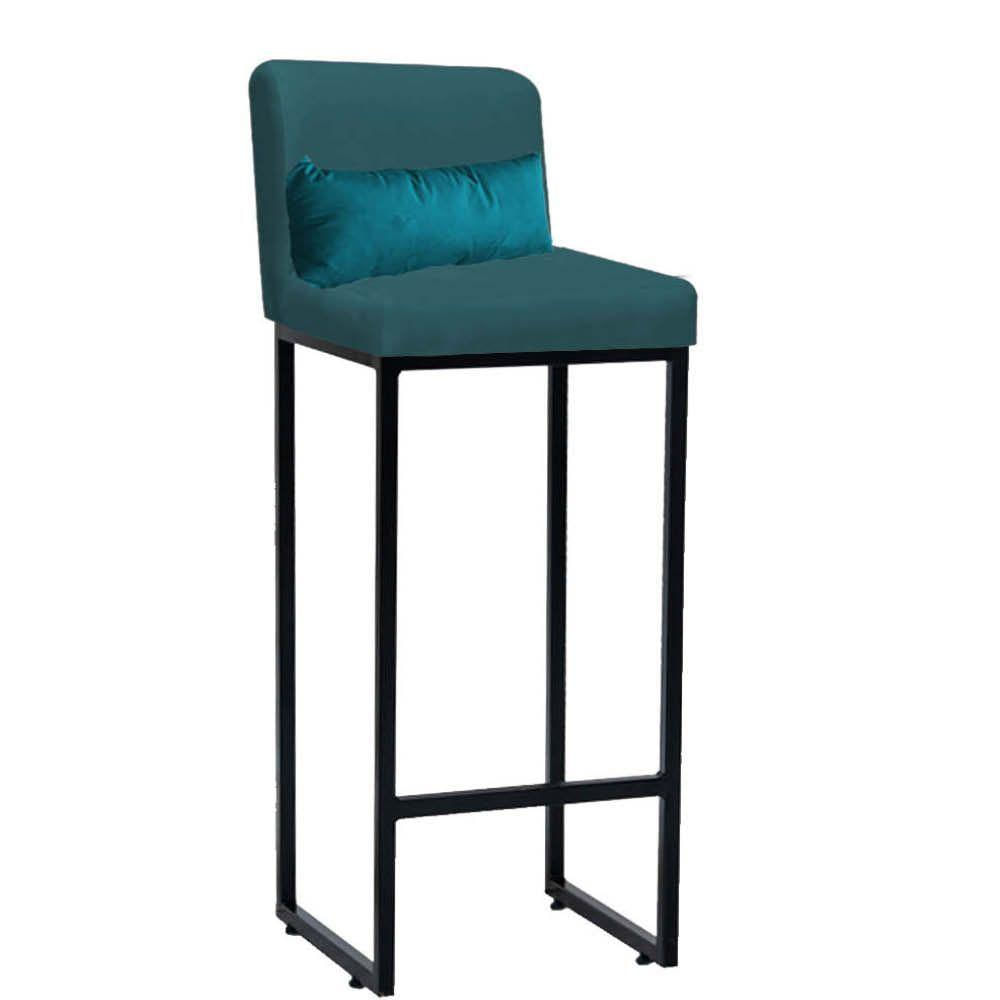 Miniatura Banqueta Alta Com Encosto Industrial Ferro Preto Suede Azul Turquesa E Almofada Azul Turquesa - Amey Decor