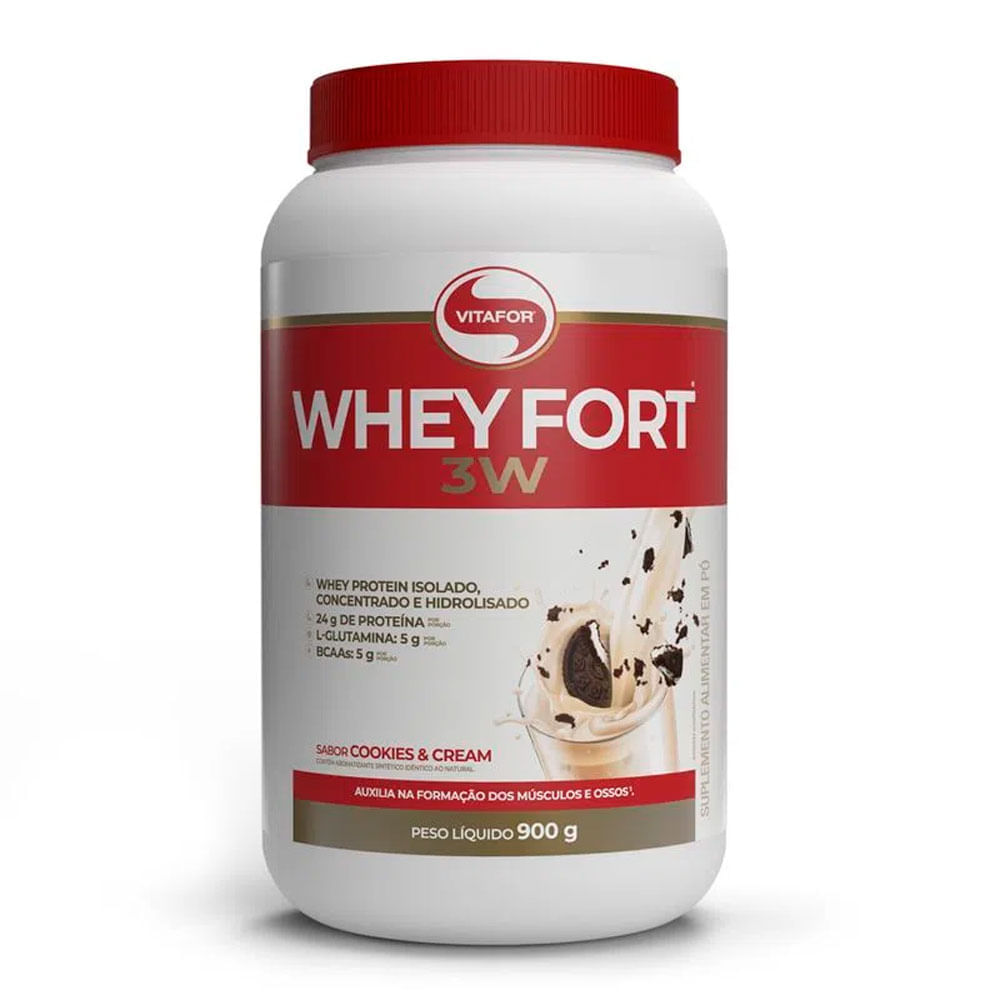 Miniatura Whey Protein Isolado e Hidrolisado Fort 3W Vitafor Sabor Cookies & Cream com 900g