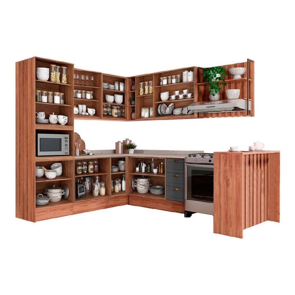 Miniatura Cozinha Modulada Completa Bella 9 Peças 3 Aéreos + 3 Balcões + 1 Torre Quente+1ilha + 1 Complemento C9p200 Nogal Cinza