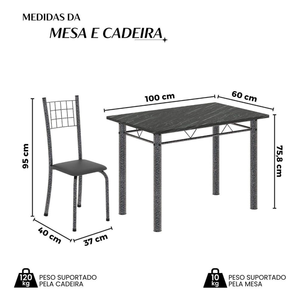 Miniatura Conjunto de Mesa Tubular 100cm X 60cm com Tampo e 4 Cadeiras Dany Preto/Prata