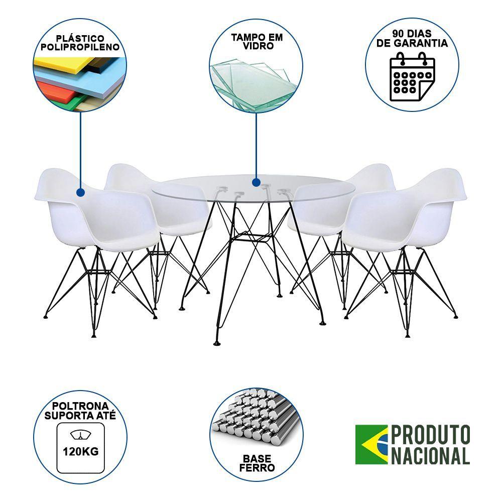 Mesa De Vidro Redonda 90Cm Com 4 Poltronas Brancas Ferro Preto Branco