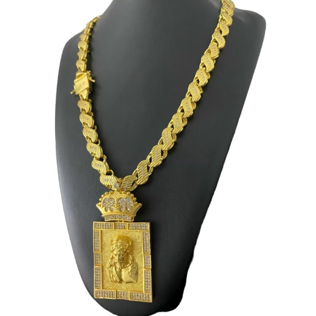 Miniatura Cordão Friso S 13Mm Cravejado + Pingente Jesus Banhado Ouro