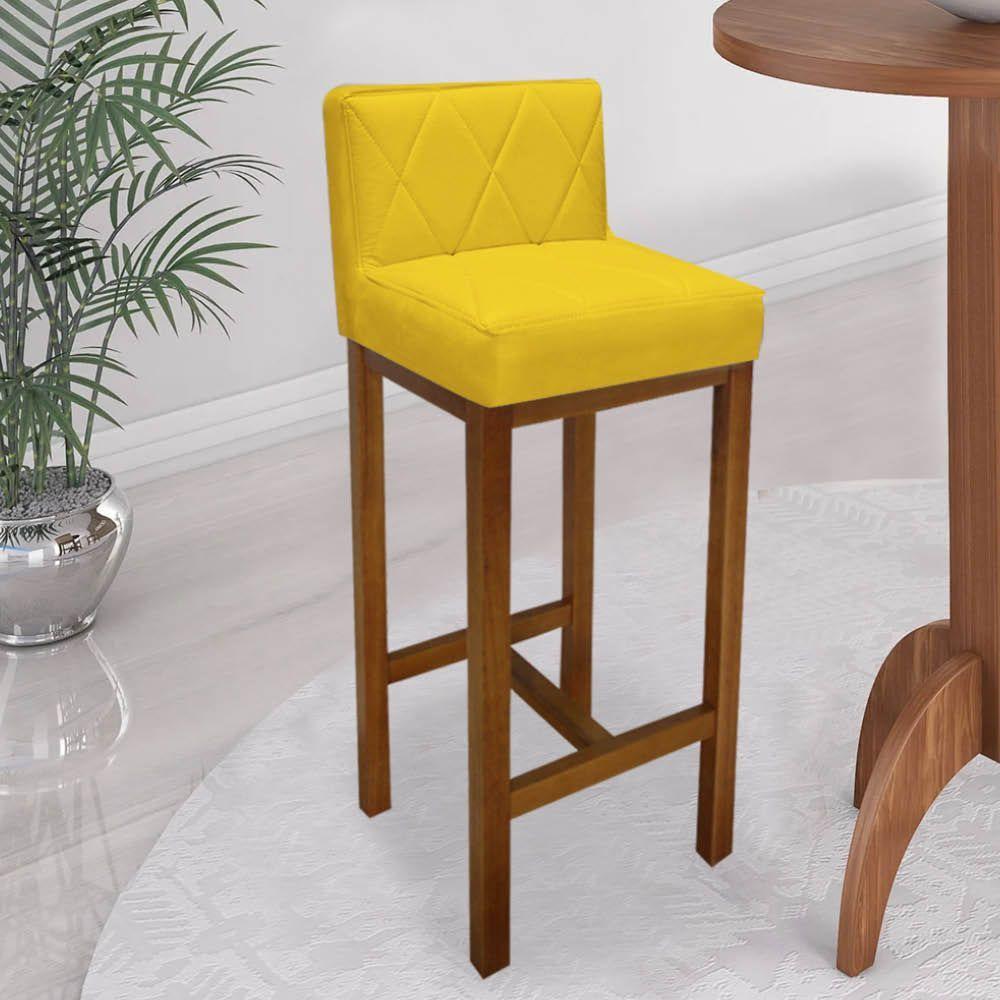 Miniatura Banqueta Alta Com Encosto Loren Cozinha Balcão Bistrô Base Madeira Rústico Suede Amarelo