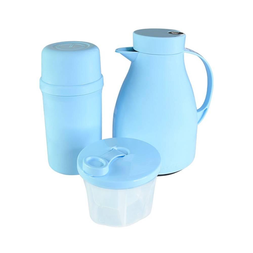 Miniatura Kit Essencial Azul Bebê Com Garrafas Térmicas E Pote Dosador