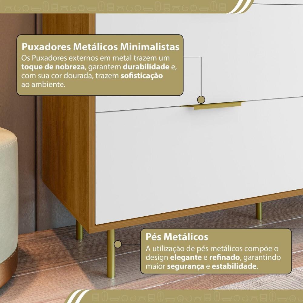 Cômoda para Quarto com 6 Gavetas 135cm X 102cm Safira Freijó/Branco