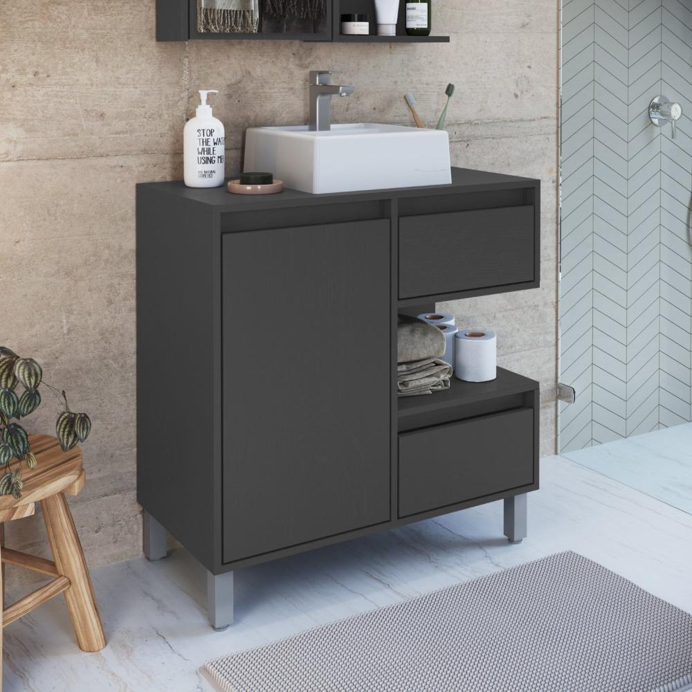 Miniatura Gabinete para Banheiro 80cm 2 Gavetas 1 Porta 1 Nicho e Cuba Paula Grafite