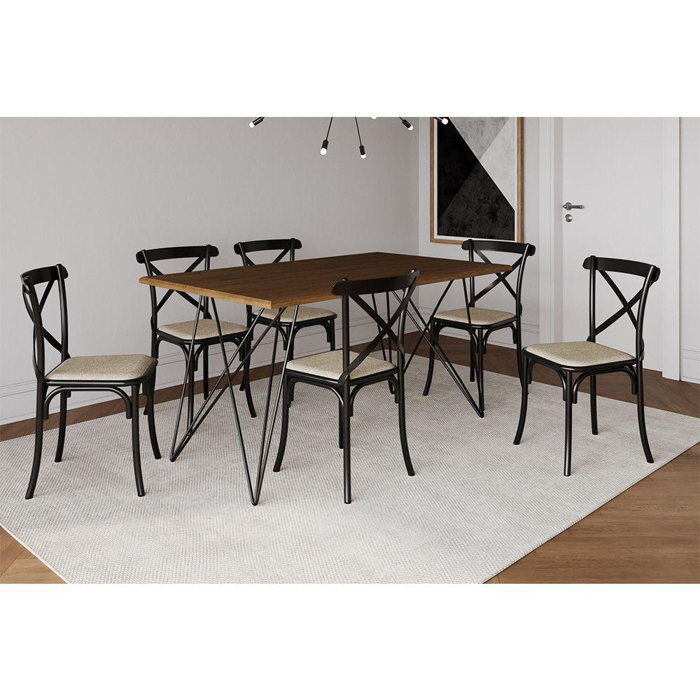 Miniatura Conjunto Mesa De Jantar 6 Cadeiras Katrina Preto Trama Premium Amêndoa 150 Cm - Cor: Marrom