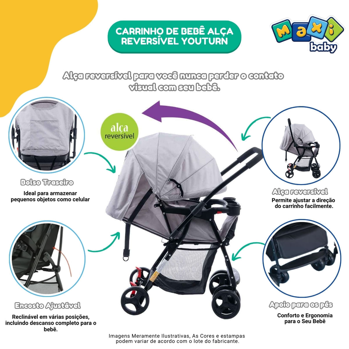 Carrinho de Bebê com Bebê Conforto 2 em 1 Youturn Maxi Baby Cinza