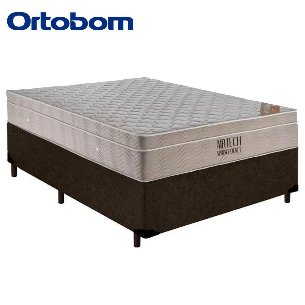 Cama Box Casal Suede + Colchão Casal Ortobom Airtech Molas Springpocket (65x138x188) Marrom