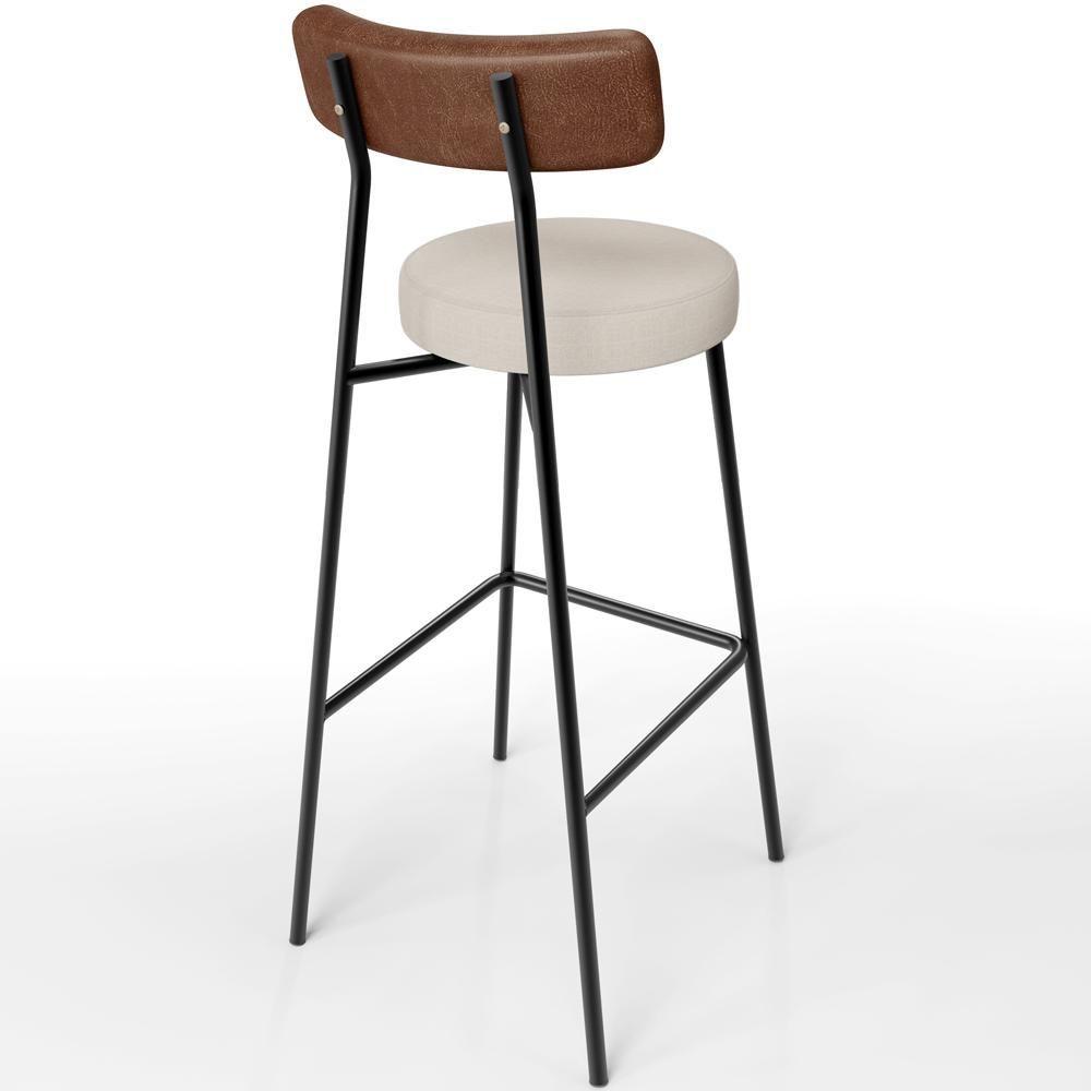 Miniatura Banqueta Alta Bar Cozinha Sala De Jantar Em Aço Milão L02 Couríssimo Marrom Linho Cru