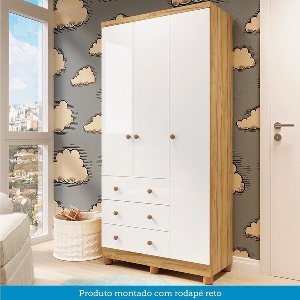 Quarto de Bebê Completo com Guarda-roupa 3 Portas e Cômoda e Berço Nina 100% Mdf Espresso Móveis Branco Brilho/Amêndoa