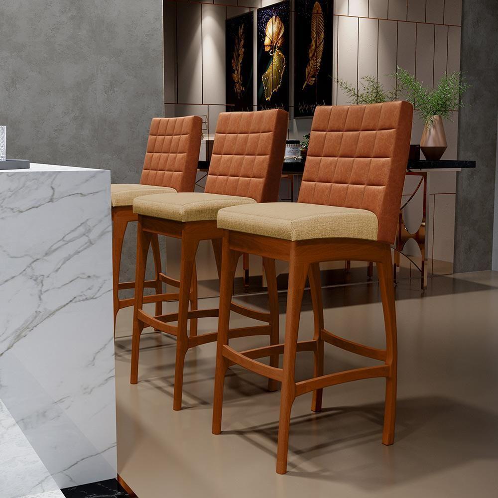 Kit 03 Banquetas Altas Mila Camel Linho Bege Escuro