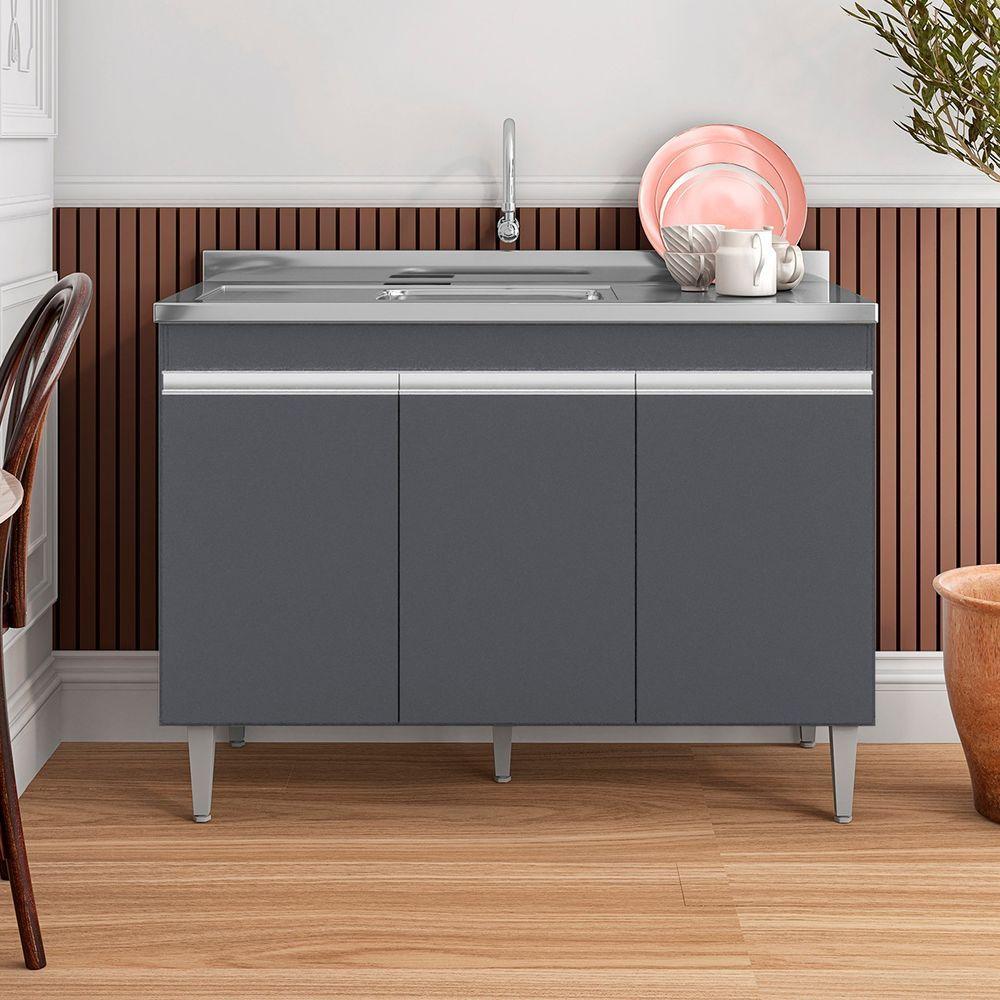 Miniatura Balcão De Cozinha Com Pia Inox 120cm 3 Portas Manu Cinza - Ajl Móveis