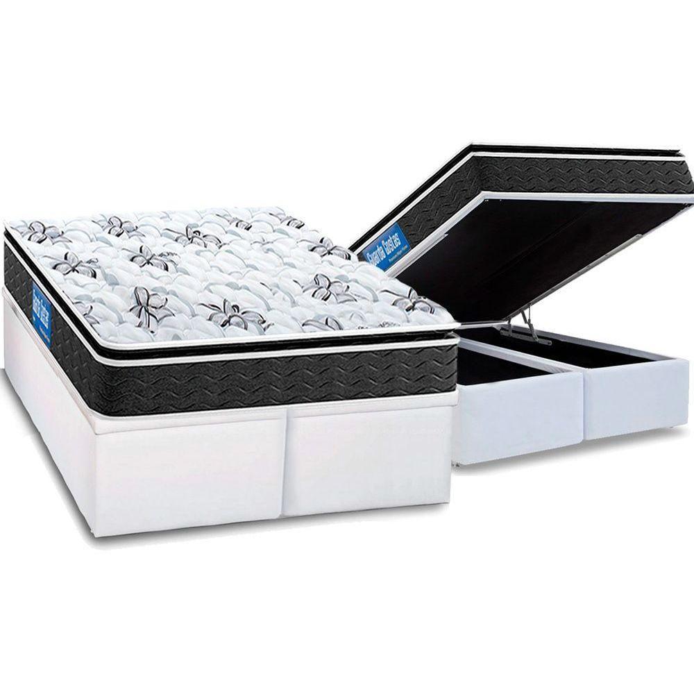 Miniatura Cama Box Baú Queen: Colchão Probel D40 Premium Hiper Firme Pillow Top + Base White(158X198)