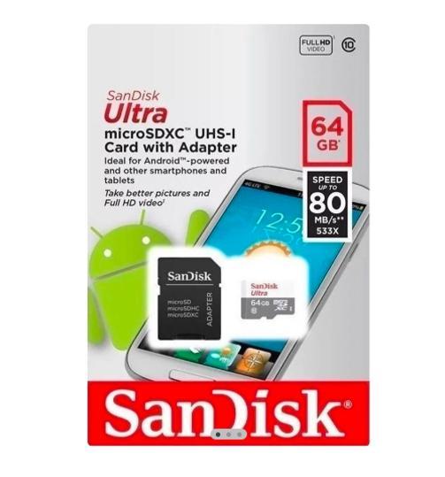 Miniatura Cartão Memória 64Gb Micro Sd Sandisk, Qualidade Insuperável.