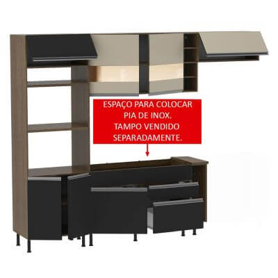 Miniatura Cozinha Completa Madesa Safira com Armário e Balcão (Sem Tampo,Pia e Rodapé) Rustic/Preto/Crema Cor:Rustic/Preto/Crema