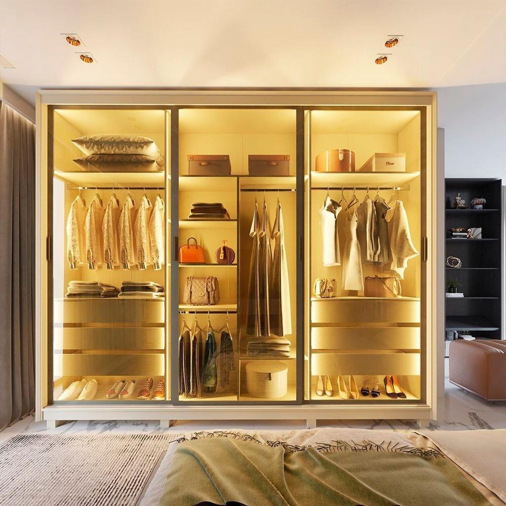 Guarda-roupa Casal 3 Portas Reflecta com Pés e Led 100% Mdf Platinum Off White