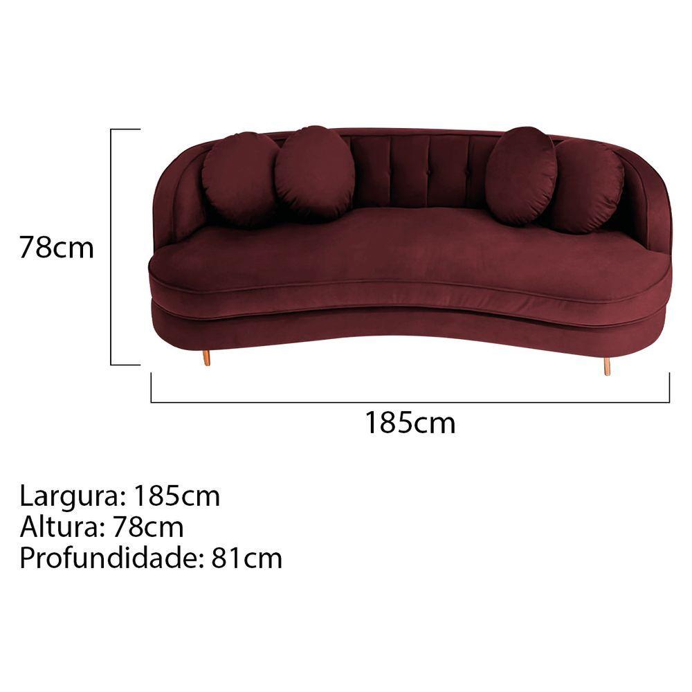 Miniatura Sofá Curvo 3 Lugares Orgânico Sala Recepção Luxo Panamá 185cm Suede Bordô