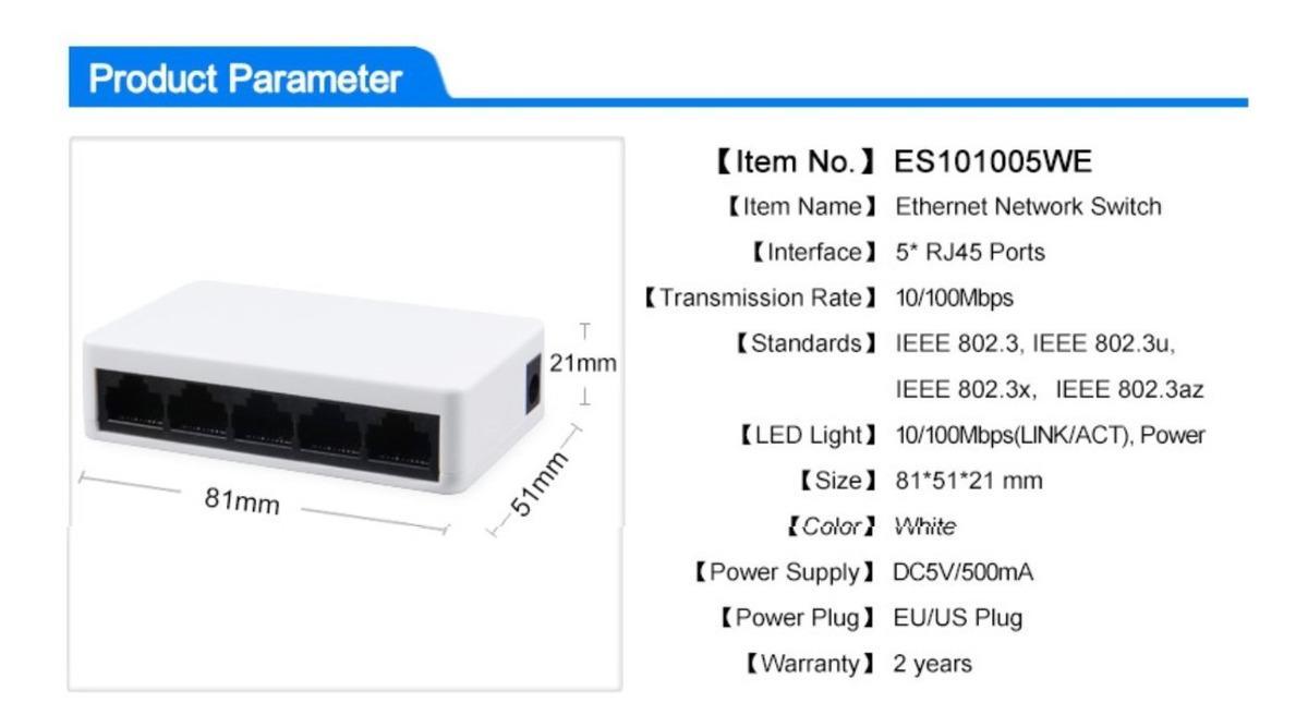 Switch Mini 5 Portas Hub Cabo 10/100Mbps Rede Ethernet Rj-45