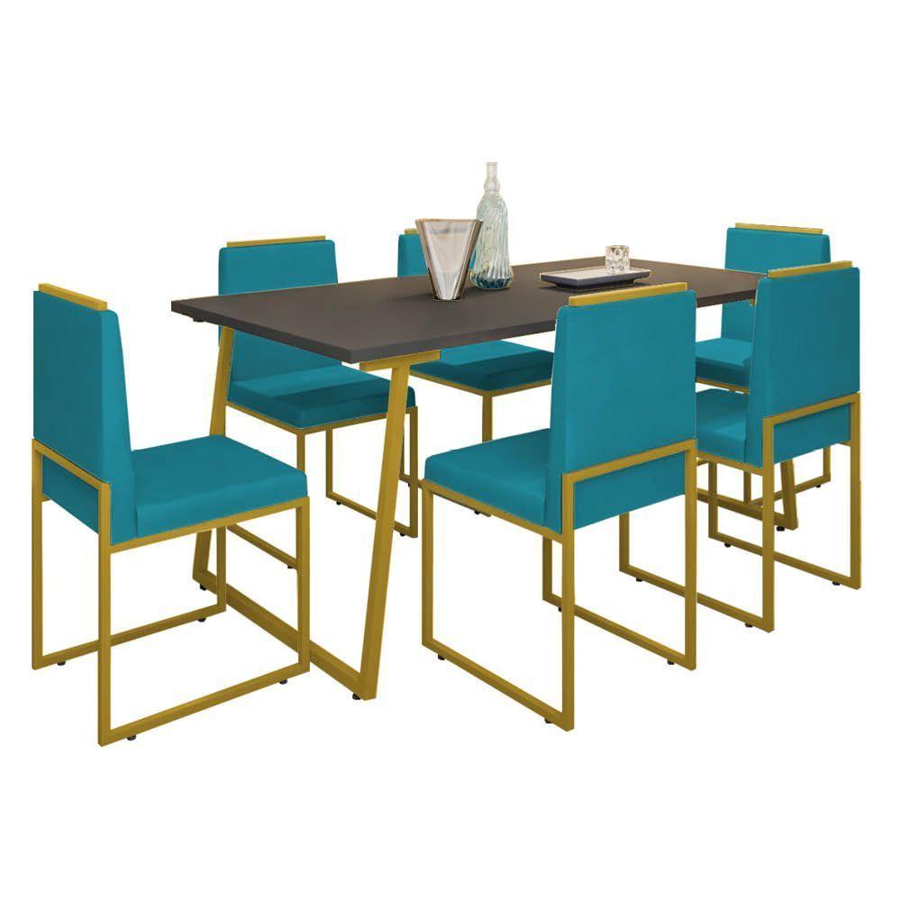 Miniatura Cadeira Sala Jantar Barcelona – Base Metal Dourado – Veludo Cor:azul Turquesa