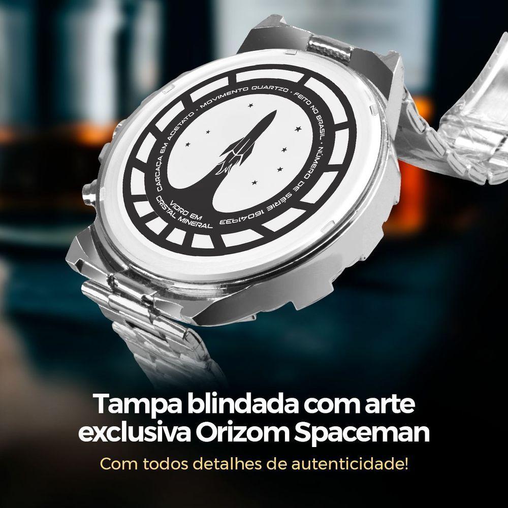 Miniatura Kit Relógio e Acessórios Orizom Spaceman em Aço Inoxidável Prata com Cordão e Pulseira Masculino