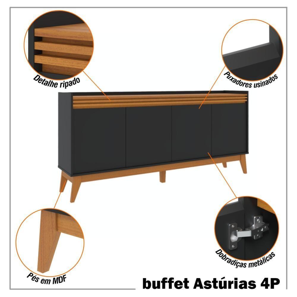 Buffet Aparador Ripado 4 Portas Com Pés De MDF Astúrias 180cm Preto Cedro