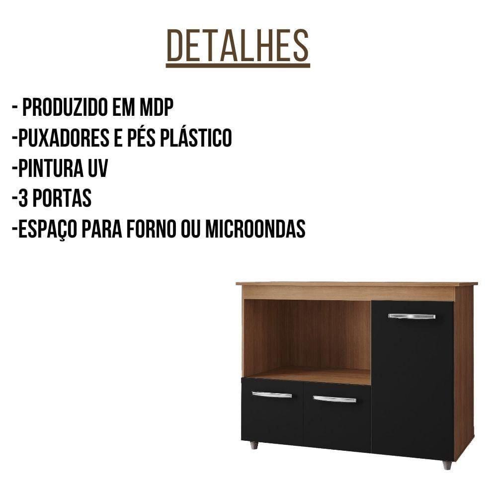 Miniatura Balcão Multiuso Para Cozinha Liza 3 Portas Cor:savana Preto