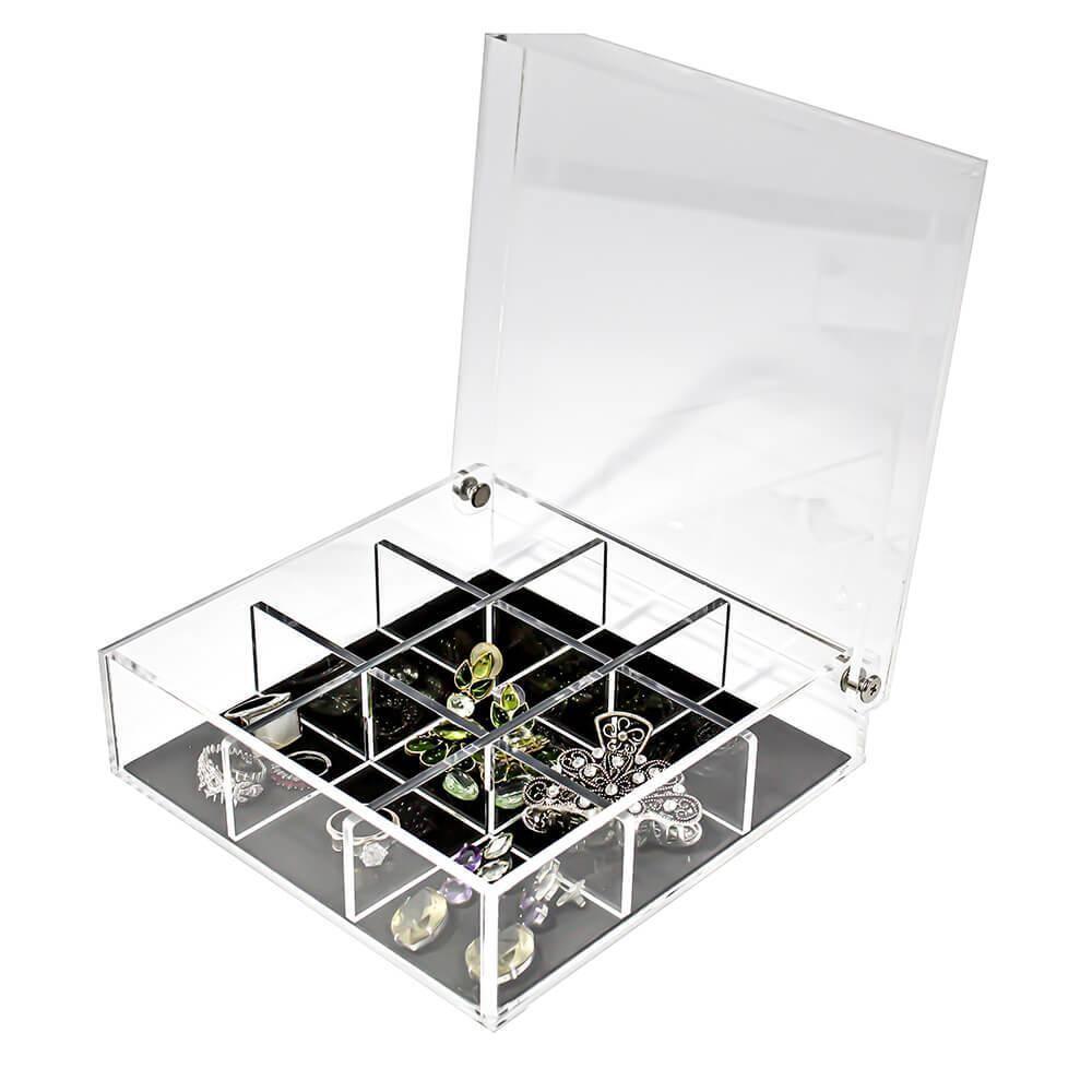 Miniatura Porta Joias Acrílico Square Com Tampa Articulada E 9 Nichos