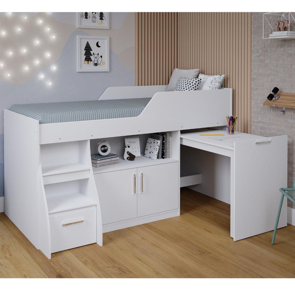 Miniatura Cama Infantil Multifuncional Alta com Armário Inferior Bianca Cimol Branco