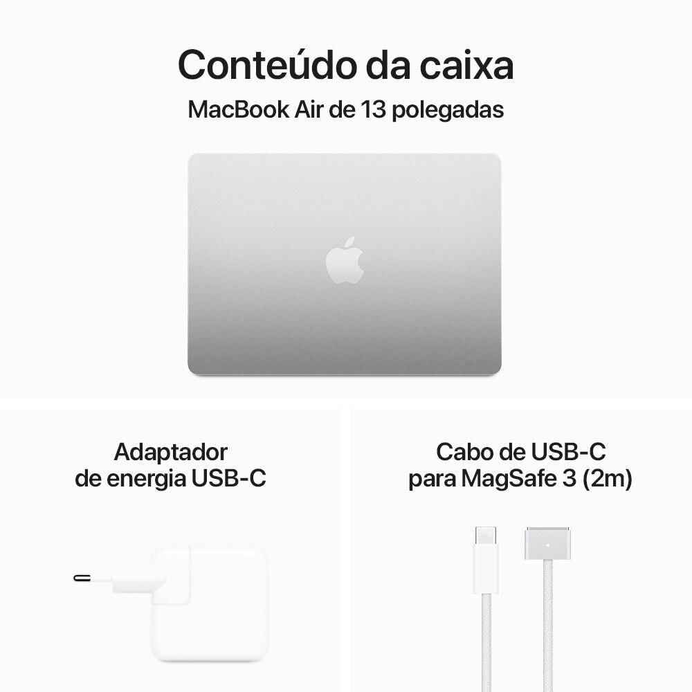 Apple MacBook Air 13", M3, CPU de 8 núcleos, GPU de 8 núcleos, 24GB RAM, 512GB SSD - Prateado