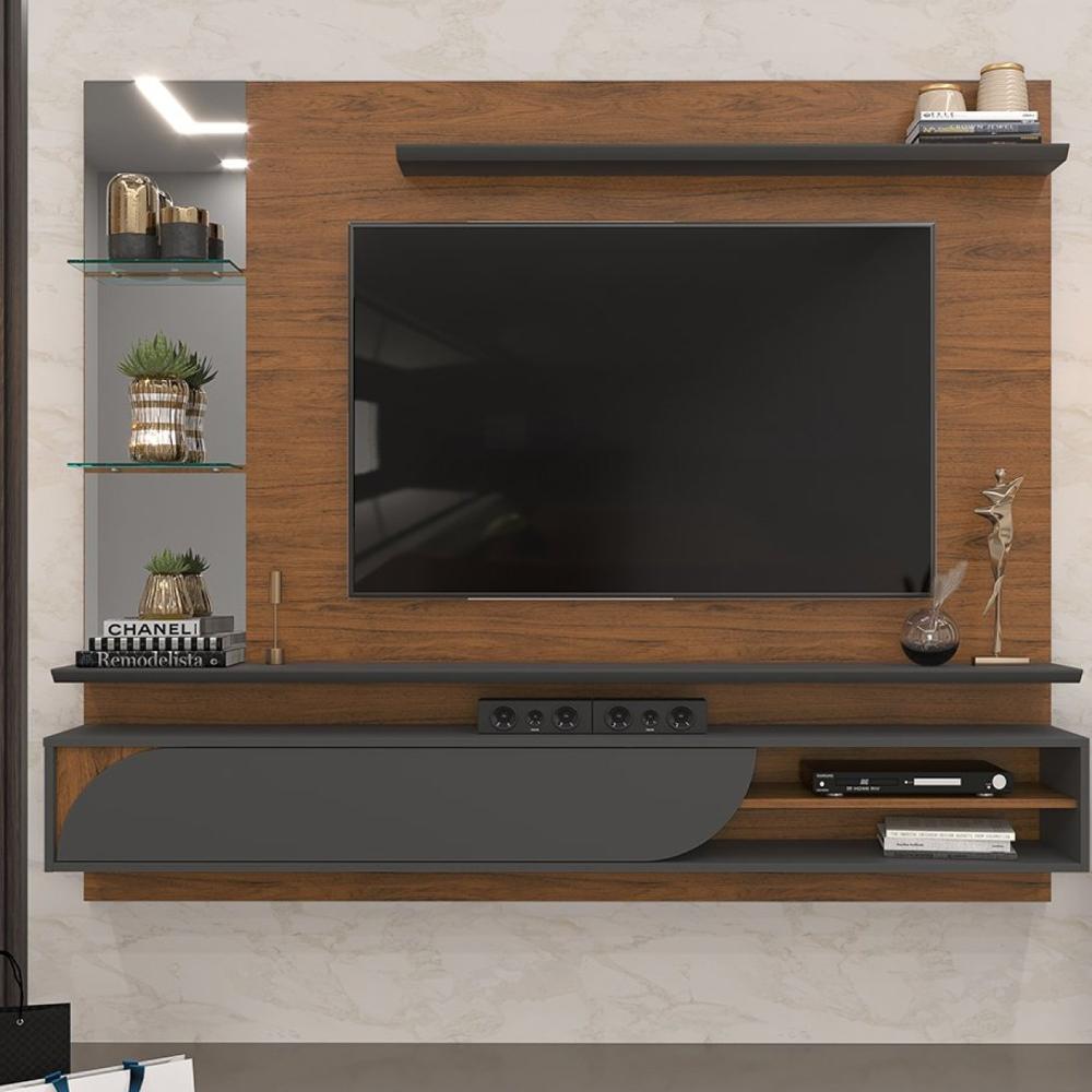 Miniatura Rack Suspenso para TV até 60 Polegadas 1 Porta 2 Prateleiras Ravi DJ Móveis Freijó/Cinza Urbano